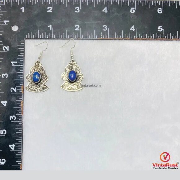 Turkman Style Lapis Lazuli Earrings: Unique Gemstone Light Weight Dangle Earring - Picture 4 of 5